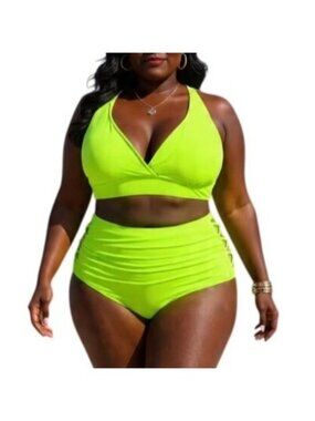 Century Star Size 2XL Bikini Set V-Neck Halter Top High Waisted Mesh Side Bottom